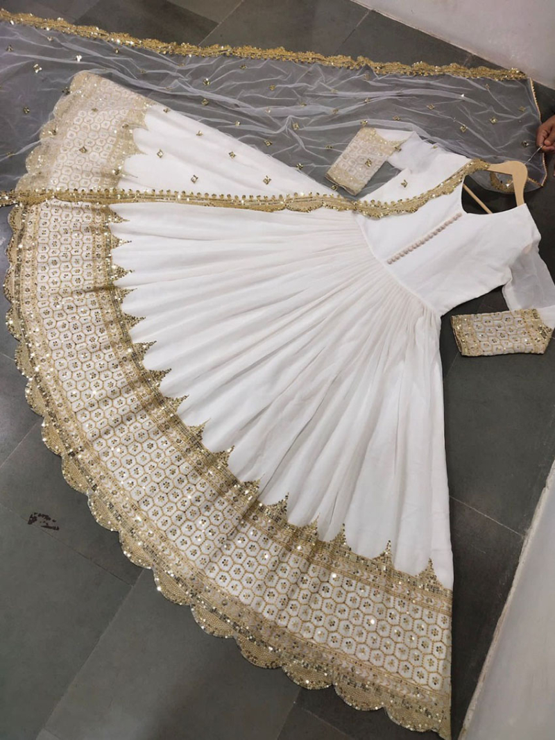 Authentic Ethnic Off White Embroidered Anarkali Gown Suit 
