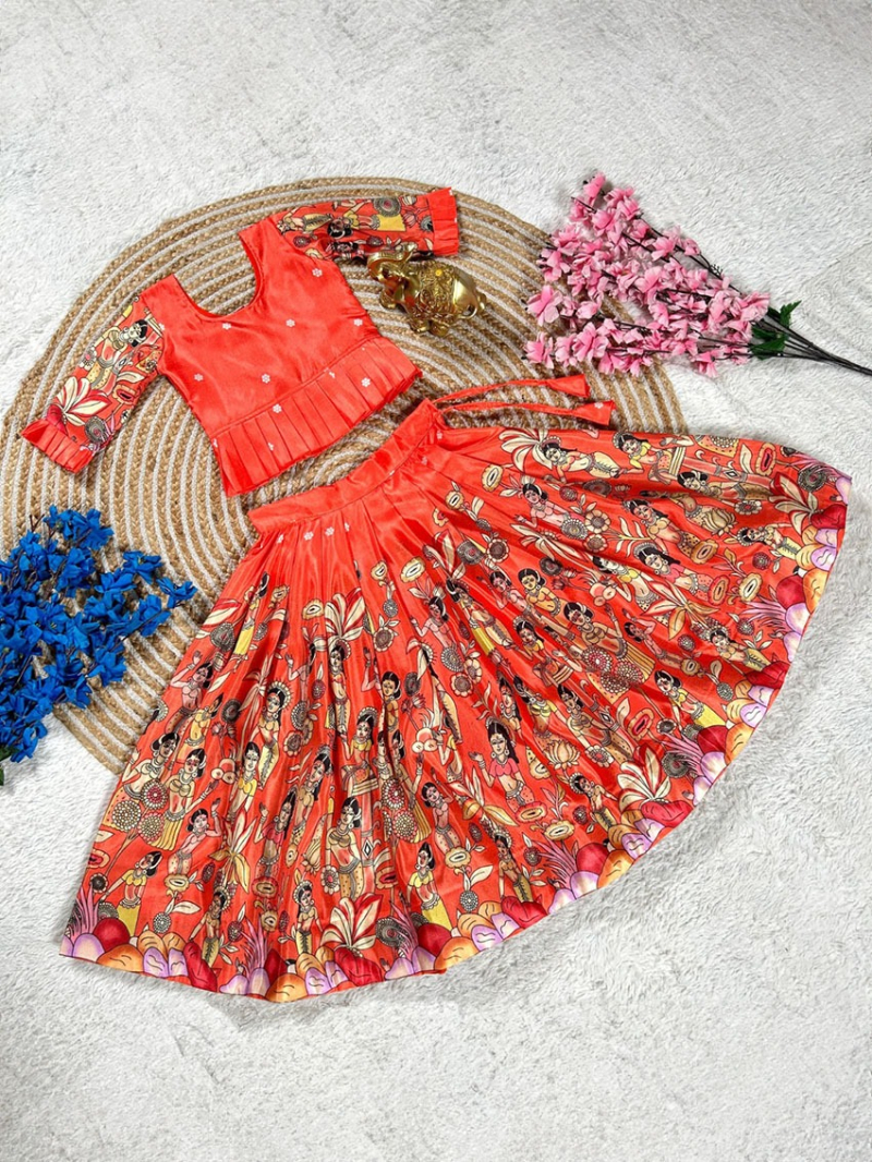 Ethnic Traditional Orange Dola Silk Kids Lehanga Suit