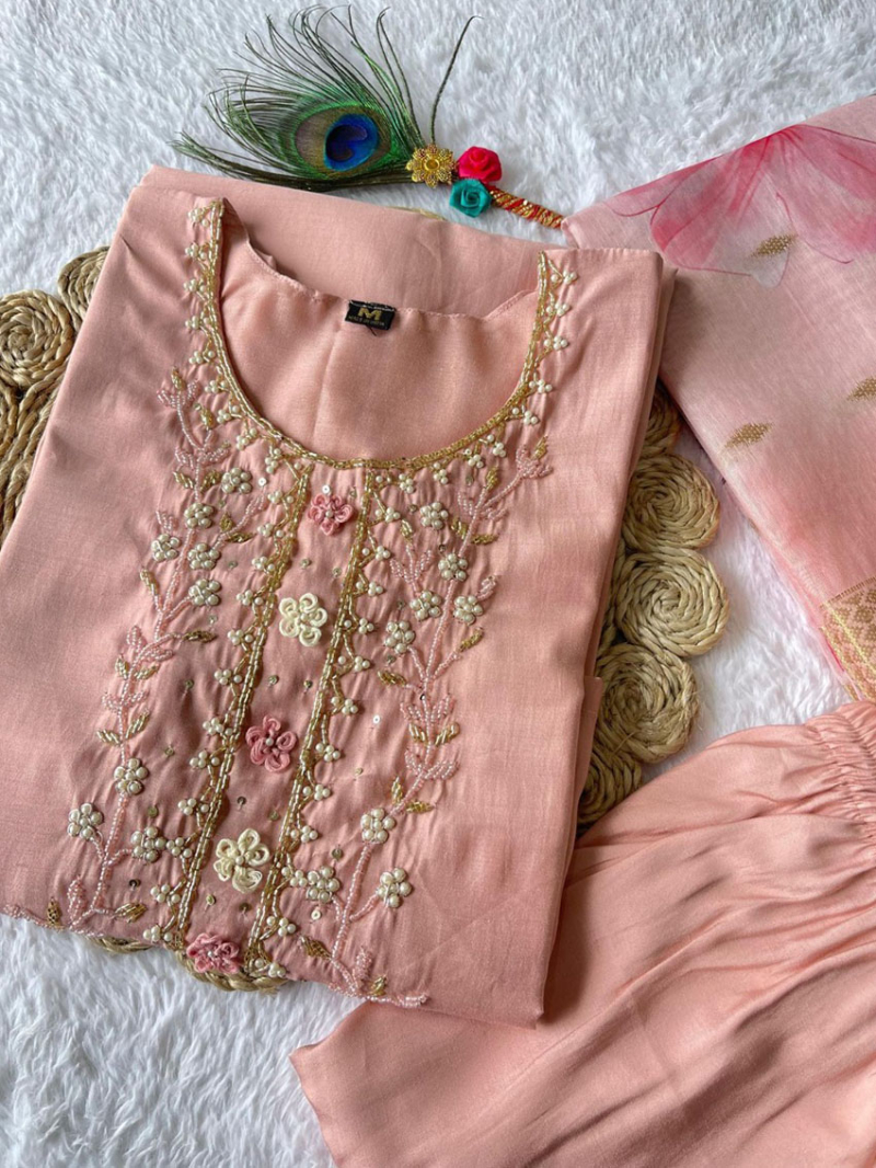 Ethnic Festival Peach Roman Silk Straight Suit