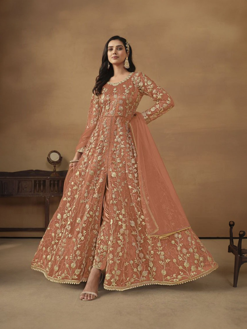 Heavy Elegant Peach Butterfly Net Anarkali Suit