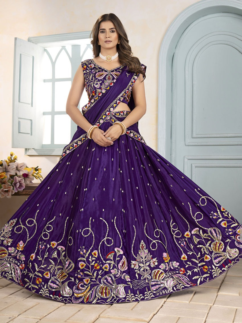 Traditional Elegant Ethnic Festive Deep Violet Chinnon Silk Lehanga Suit