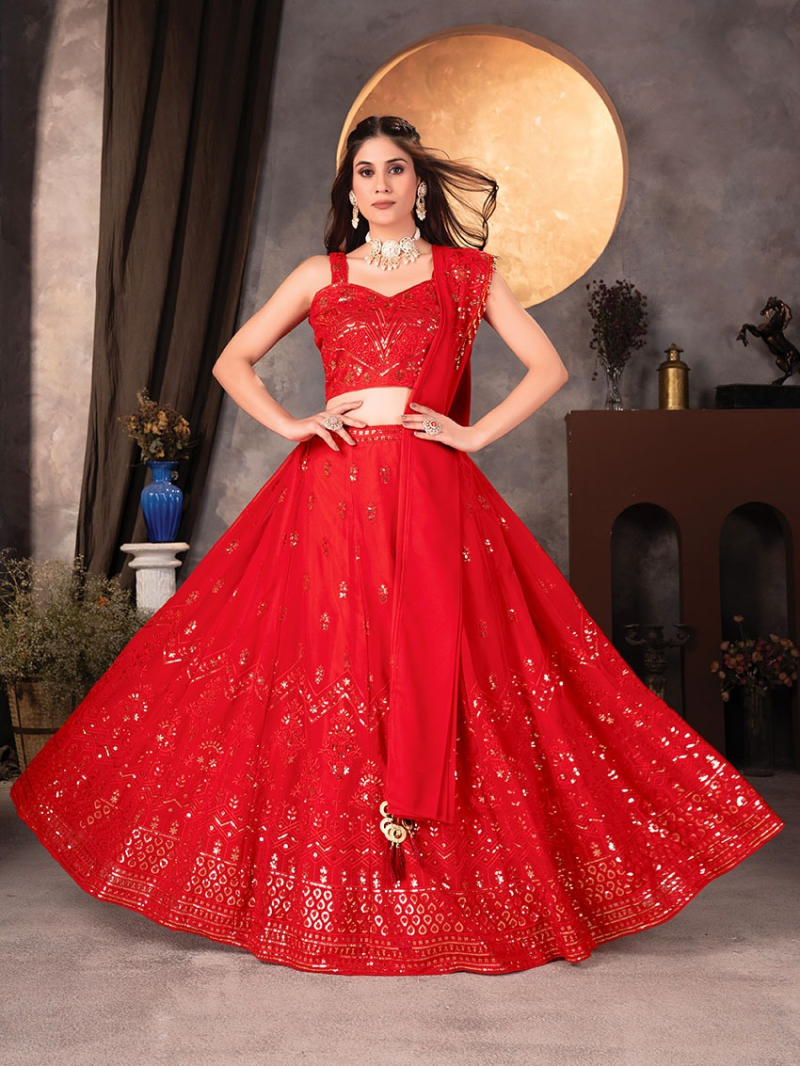 Designer Traditional Ethnic Red Faux Georgette Lehanga Suit