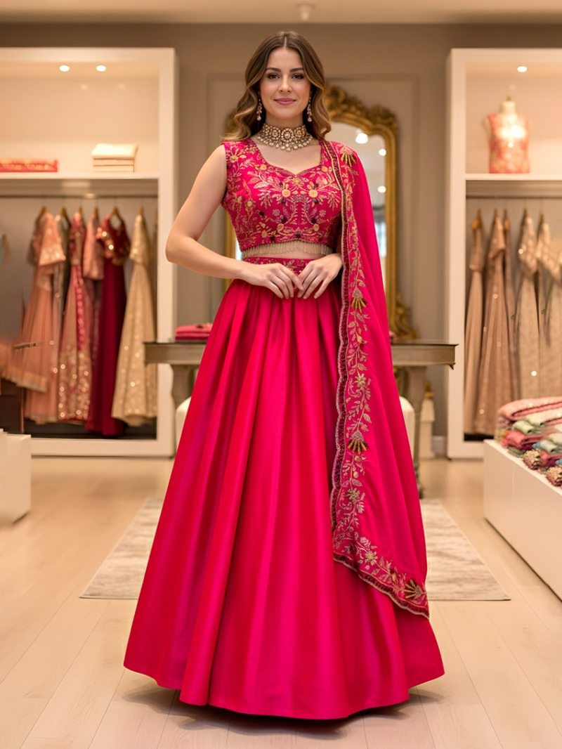 Elegant Ethnic Traditional Festive Rani Pink Satin Lehanga Suit