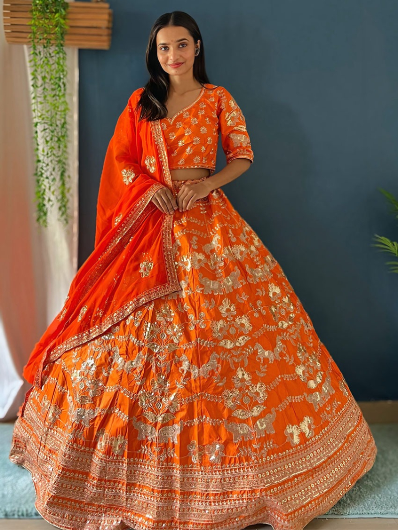 Designer Elegant Ethnic Orange Jalpari Silk Lehanga Suit