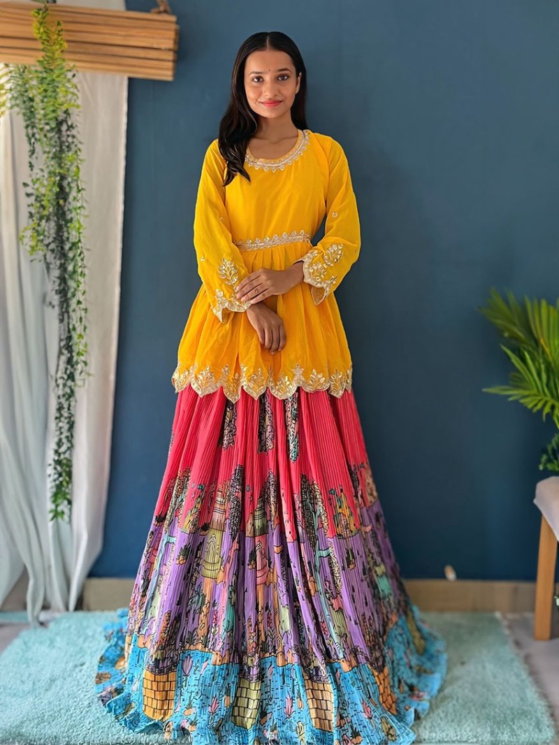 Elegant Ethnic Festive Yellow Chinnon Silk Lehanga Suit