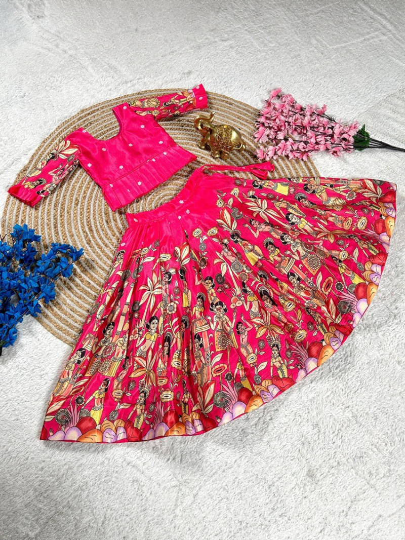 Elegant Traditional Rani Pink Dola  Silk Kids Lehanga Suit