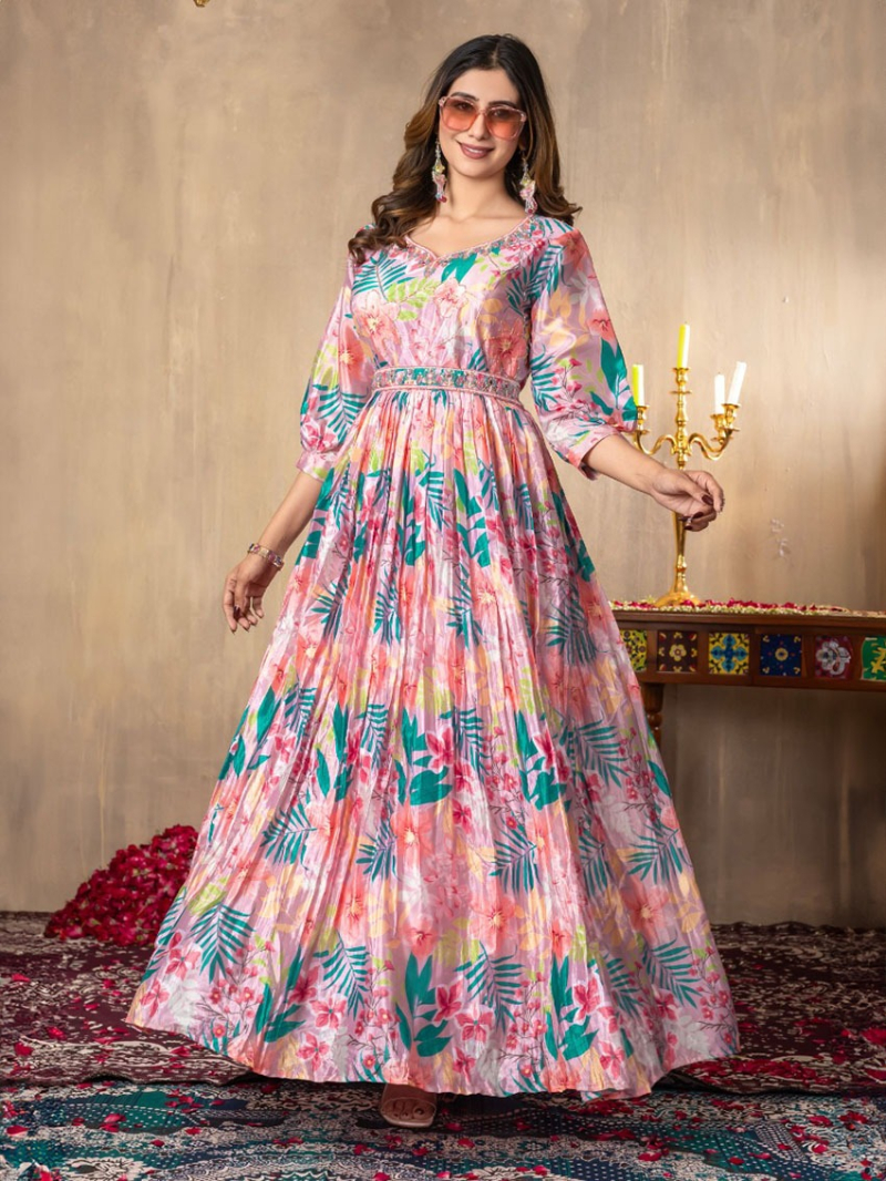 Elegant Festive Pink Chinnon Silk long Anarkali Style Gown