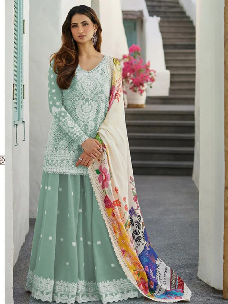 Elegant Mint Green Rayon Cotton Pakistani Plazo Suit
