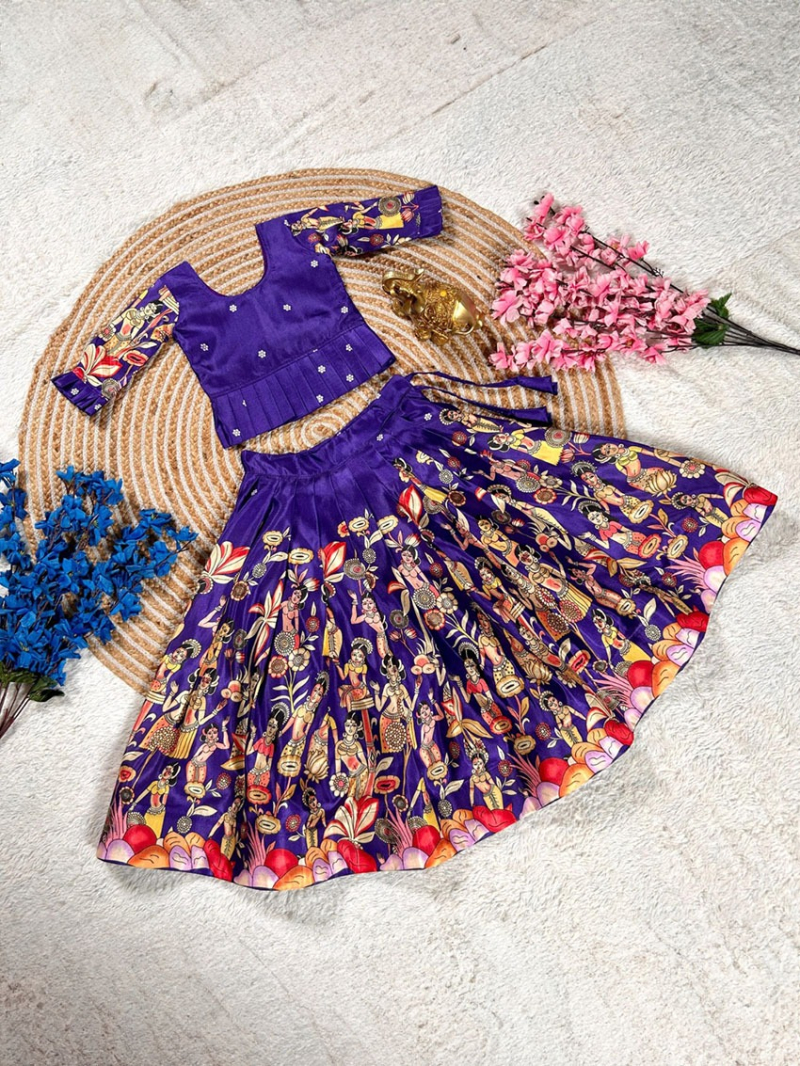 Elegant Traditional Purple Dola Silk Kids Lehanga Suit