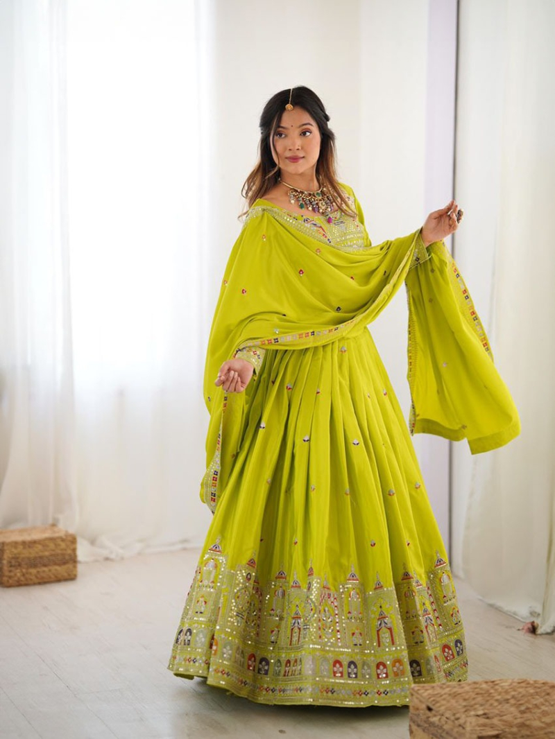 Designer Ethnic Festive Parrot Green Crepe Silk Lehanga Suit