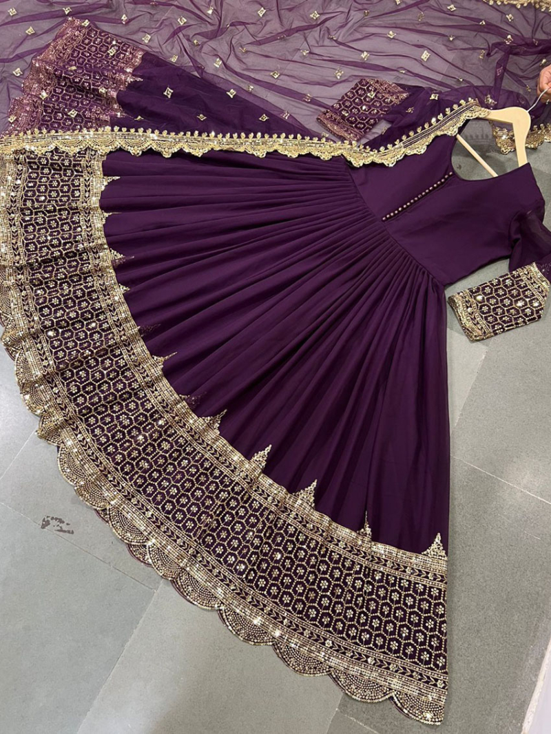 Elegant Traditional Purple Embroidered Anarkali Gown Suit
