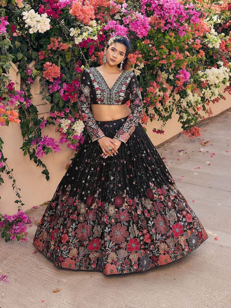 Elegant Traditional Festive Black Georgette Lehanga Suit