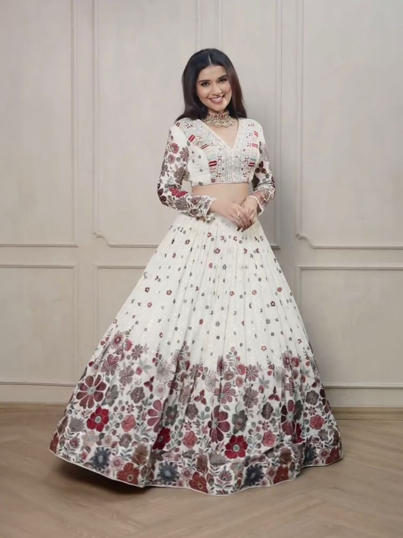 Designer Ethnic Traditional White Georgette Lehanga Suit