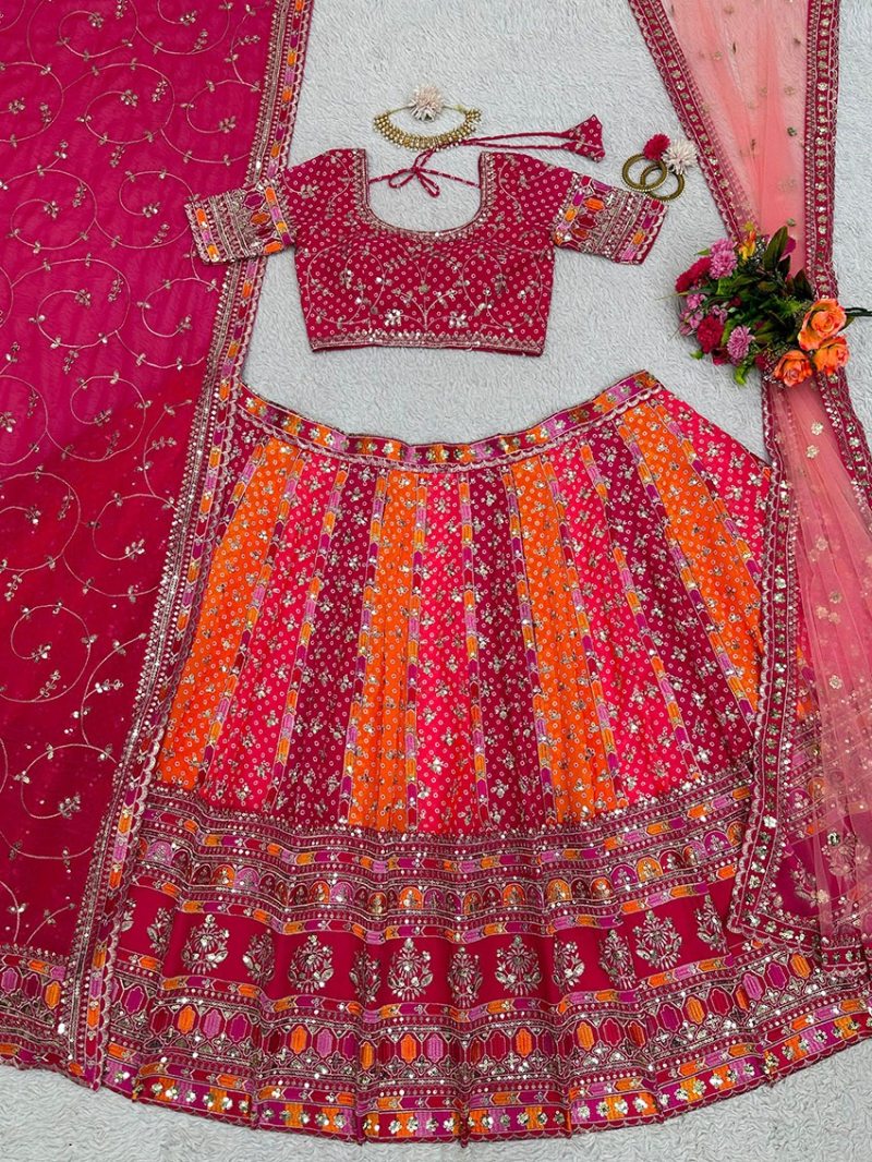 Elegant Ethnic Festive Orange & Maroon Multicolor Georgette Lehanga Suit
