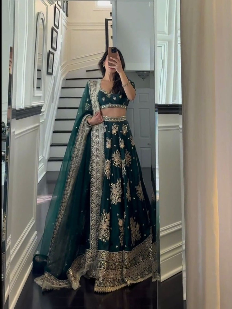 Designer Ethnic Festive Deep Emerald Green  Japan Satin Lehanga Suit
