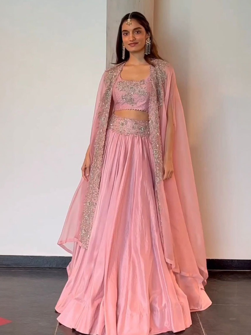 Designer Elegant Ethnic Light Pink Chinnon Lehnaga Suit