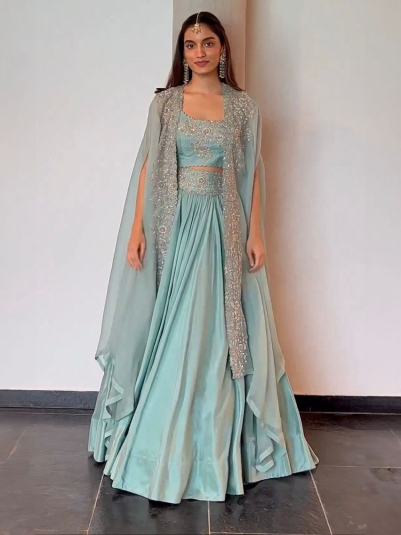 Designer Elegant Ethnic Light Blue Chinnon Lehanga Suit