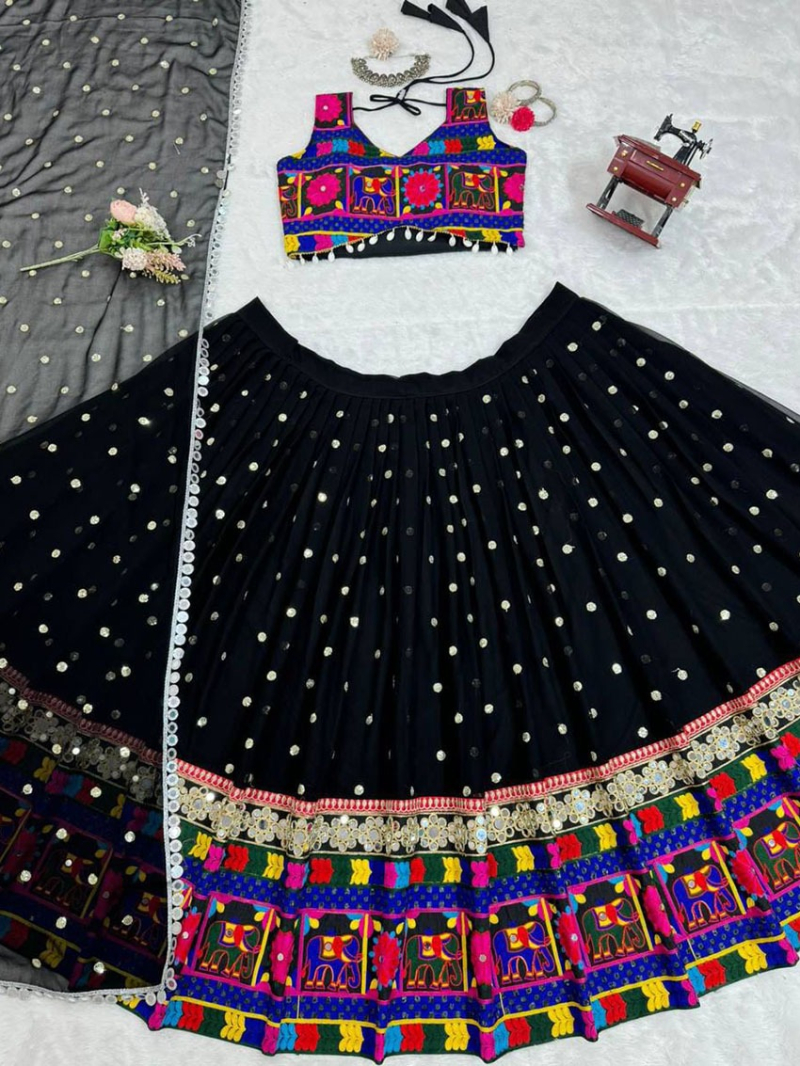 Elegant Festive Traditional Black Georgette Lehanga Suit