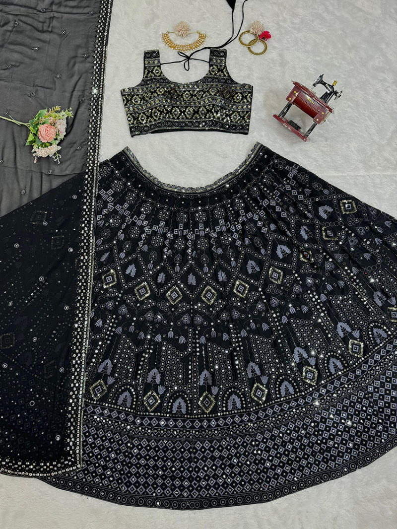 Designer Traditional Festive Black Georgette Lehanga Suit
