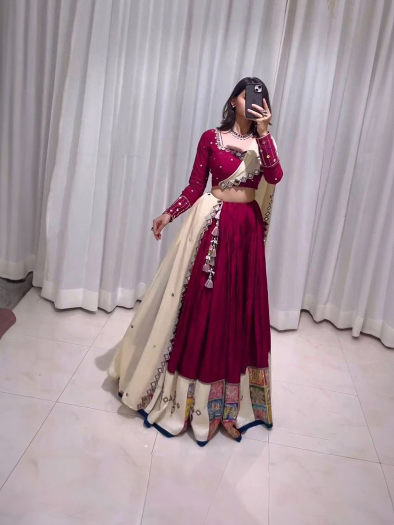 Elegant Festive Traditional Maroon Rayon Lehanga Suit