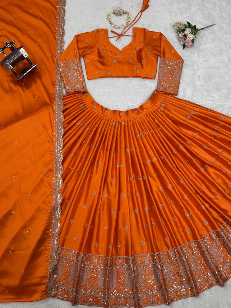 Designer Elegant Festive Orange Satin Silk lehanga Suit