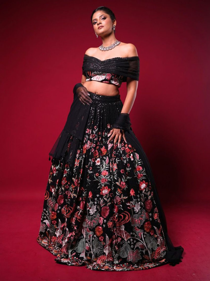 Elegant Ethnic Festive Black Georgette Lehanga Suit