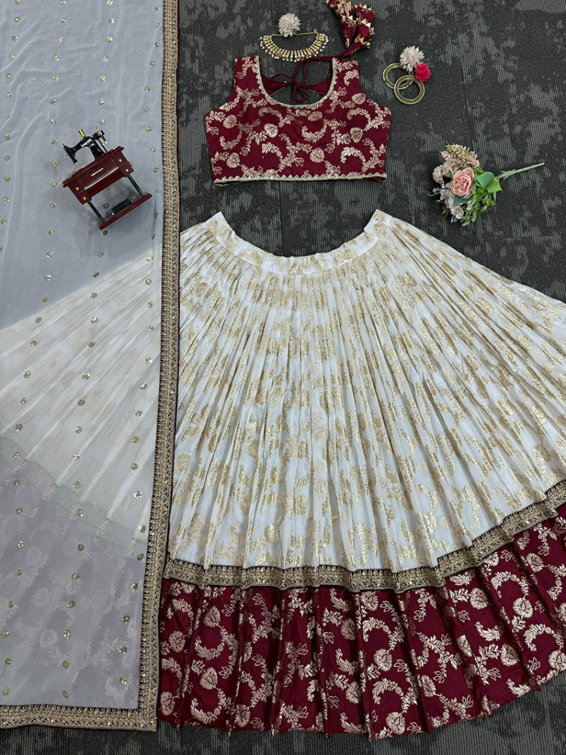 Ethnic Elegant Traditional Off white & Maroon Jacquard Lehanga Suit