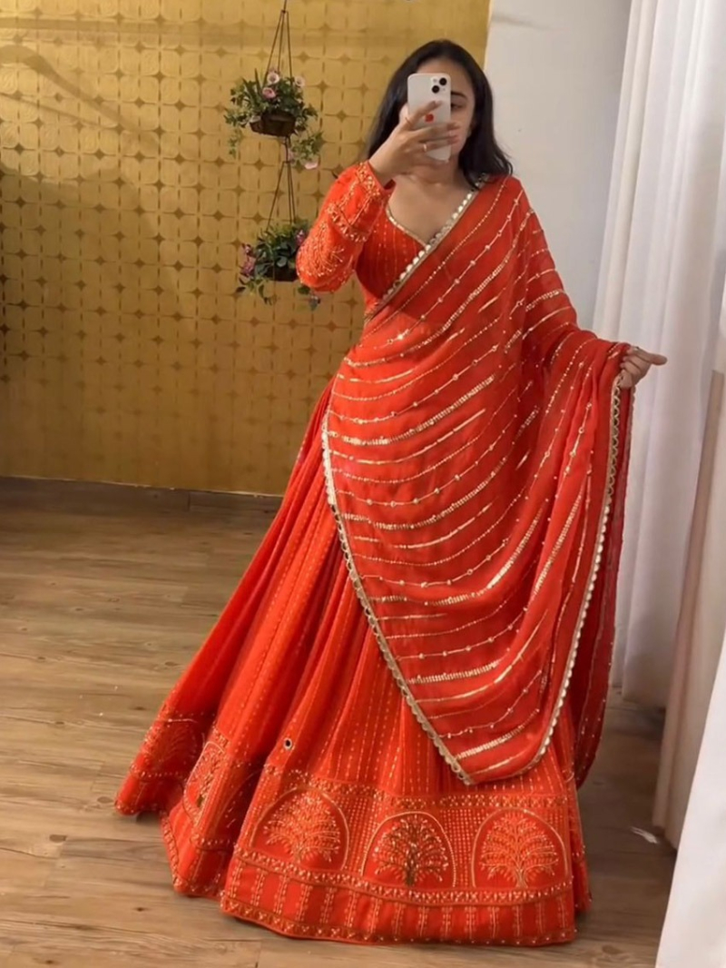 Ethnic Festive Traditional Orange Georgette Lehanga Suit