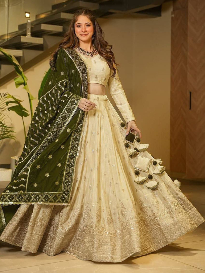 Elegant Traditional Ethnic Off White Silky Slub Lehanga Suit