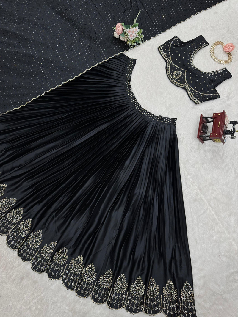 Elegant Festive Traditional Black Satin Silk Lehanga Suit