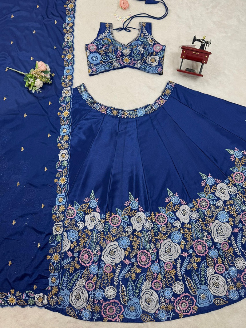 Traditional Ethnic Festive Royal Blue Chinnon Silk Lehanga Suit