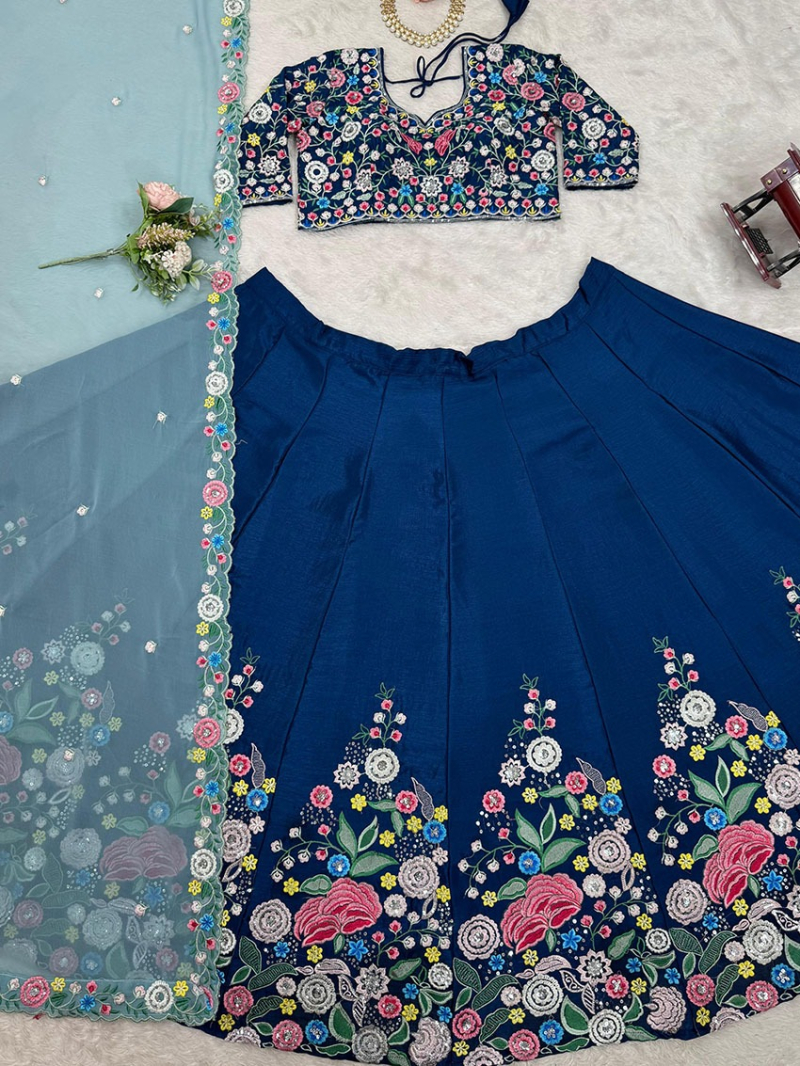 Elegant Traditional Festive Navy Blue Chinnon Silk Lehanga Suit