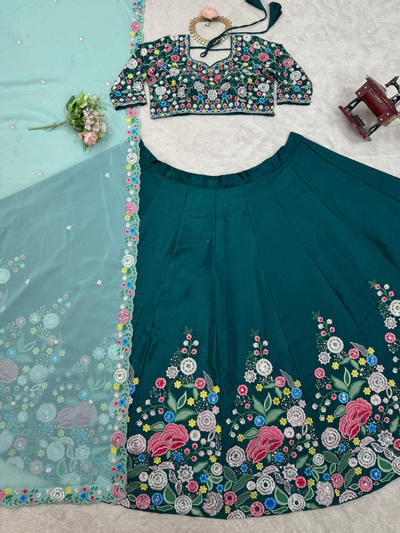 Elegant Ethnic Festive Teal Chinnon Silk Lehanga Suit