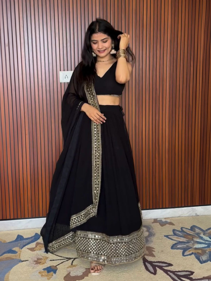 Authentic Elegant Festive Black Georgette Lehanga Suit