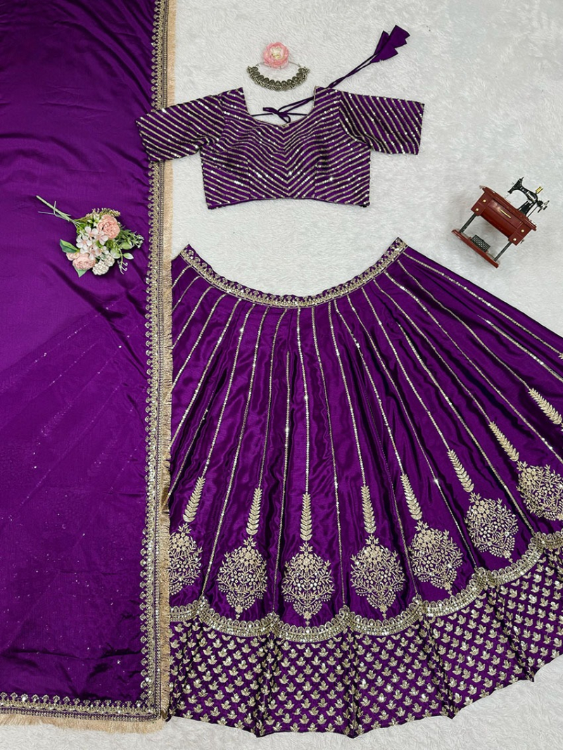 Designer Elegant Ethnic Festive Deep Purple Chinnon Silk Lehanga Suit