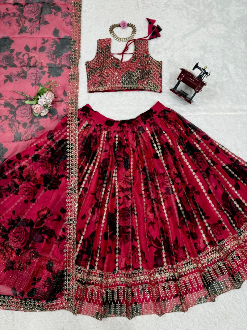 Traditional Festive Ethnic Crimson Red Tabby Organza Lehanga Suit