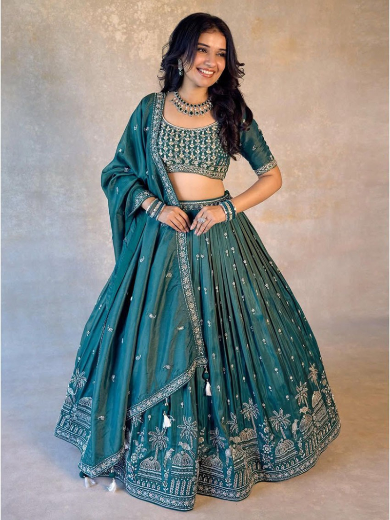 Traditional Ethnic Festive Teal Shimmer Silk Lehanga Suit