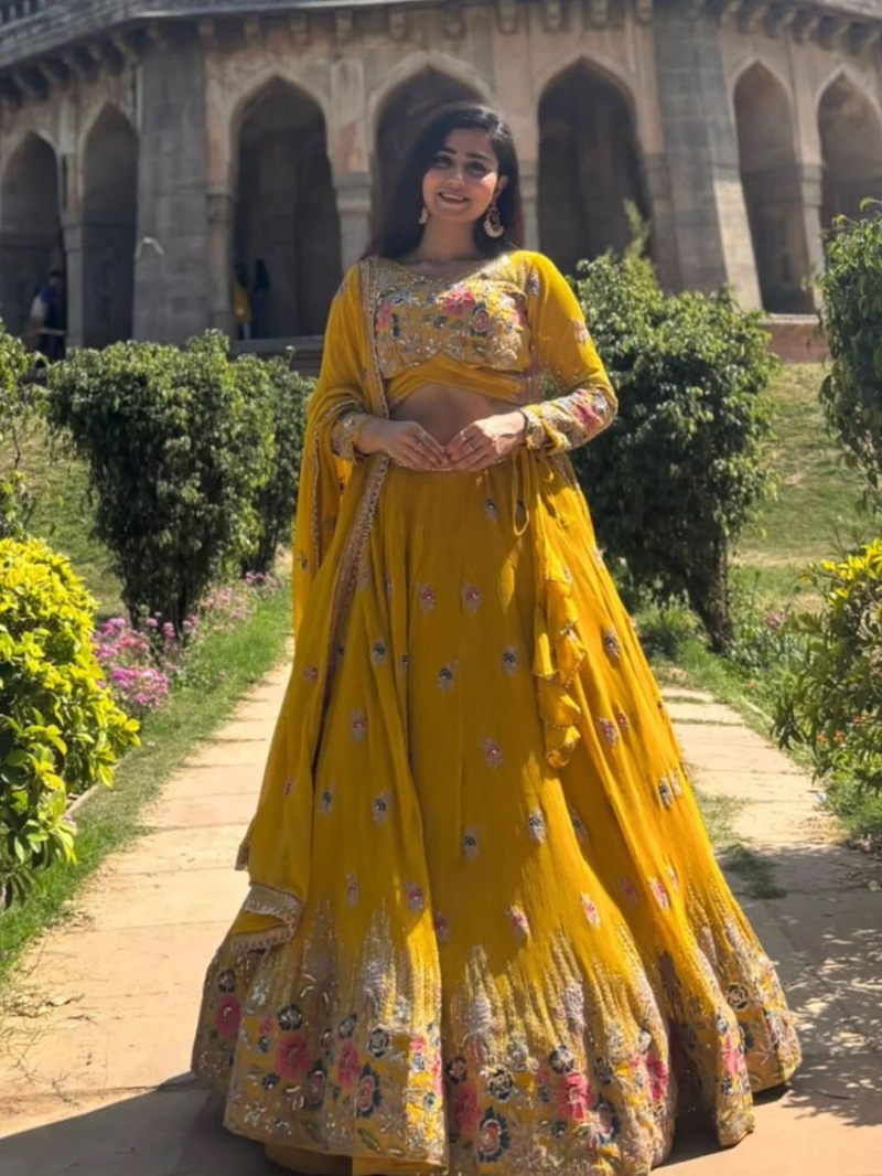 Traditional Elegant Ethnic Mustard Faux Georgette Lehanga Suit