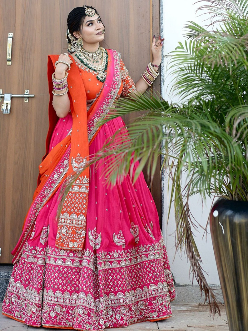 Designer Traditional Elegant Festive Hot Pink Georgette Lehanga Suit