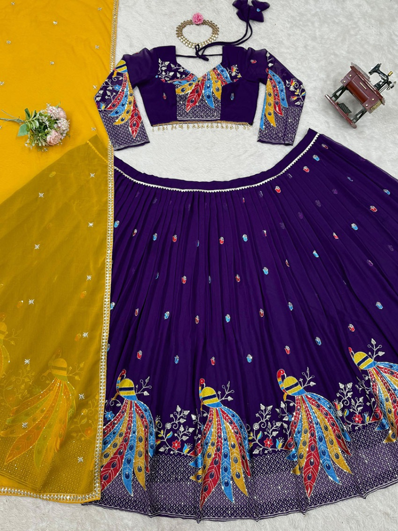 Elegant Festive Traditional Deep Violet Georgette Lehanga Suit