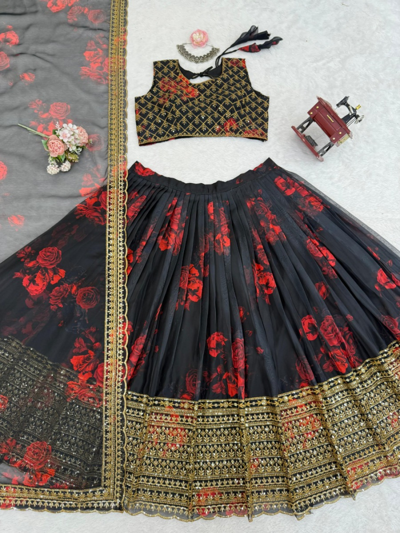 Designer Ethnic Elegant Festive Black & Red Tabby Organza Lehanga Suit