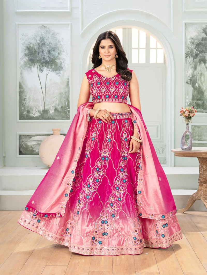 Traditional Ethnic Festive Rani Pink Chinnon Lehanga Suit