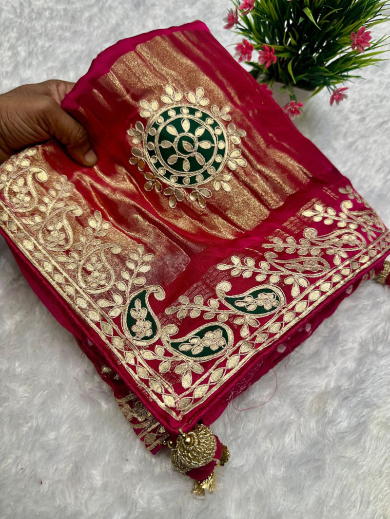 Ethnic Elegant Festive Rani Pink Pure Gaji Silk Bandhani Saree