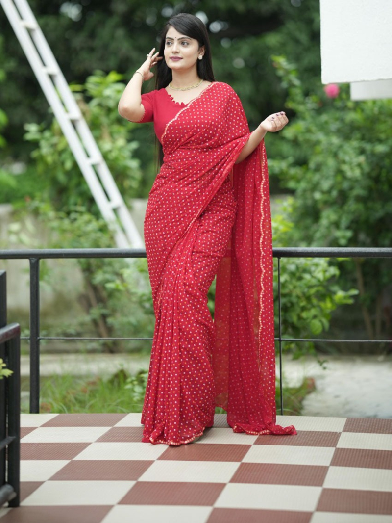 Authentic Festive Red Viscose Georgette Saree