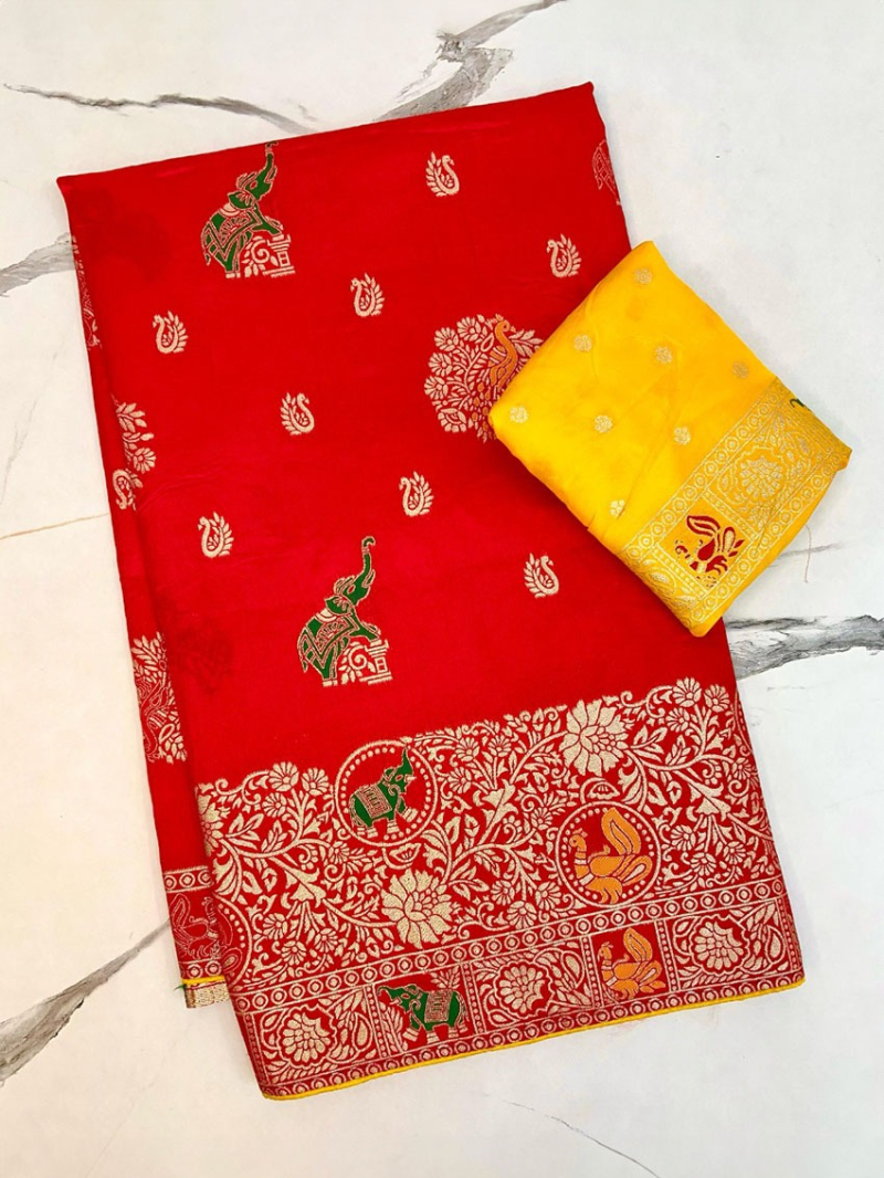 Ethnic Elegant Festive Red Pure Dola Silk Saree