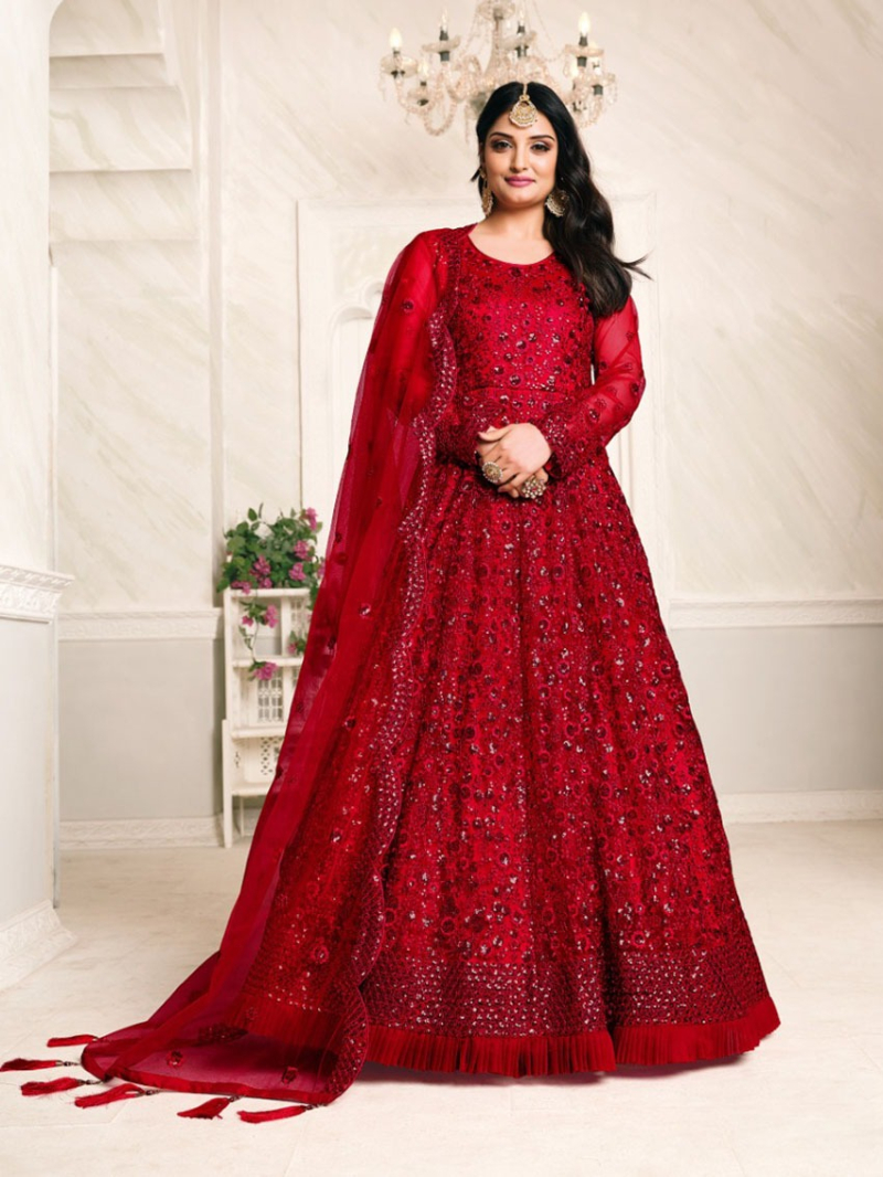 Elegant Casual Red Net Thread Floor Length Anarkali Suit