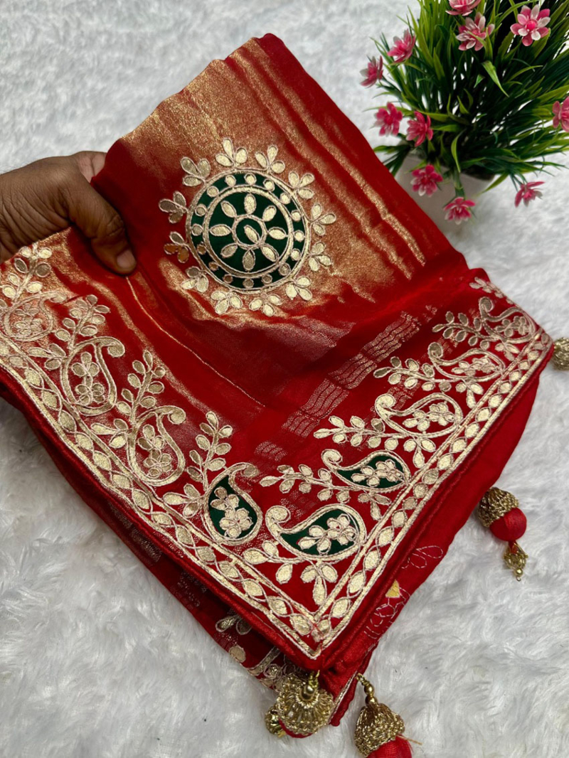 Elegant Festive Crimson Red Pure Gaji Silk Bandhani Saree