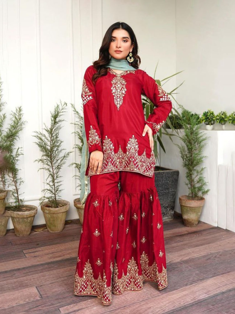 Elegant Ethnic Festive Maroon Crepe Silk Plazo Suit 