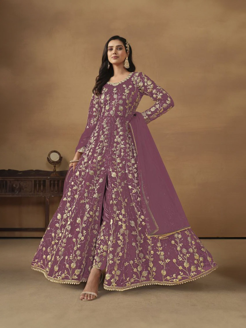 Elegant Rich Purple Butterfly Net Anarkali Suit