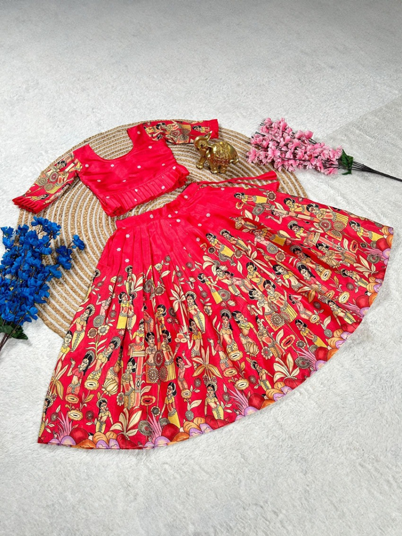 Elegant Traditional Red Dola Silk Kids Lehanga Suit
